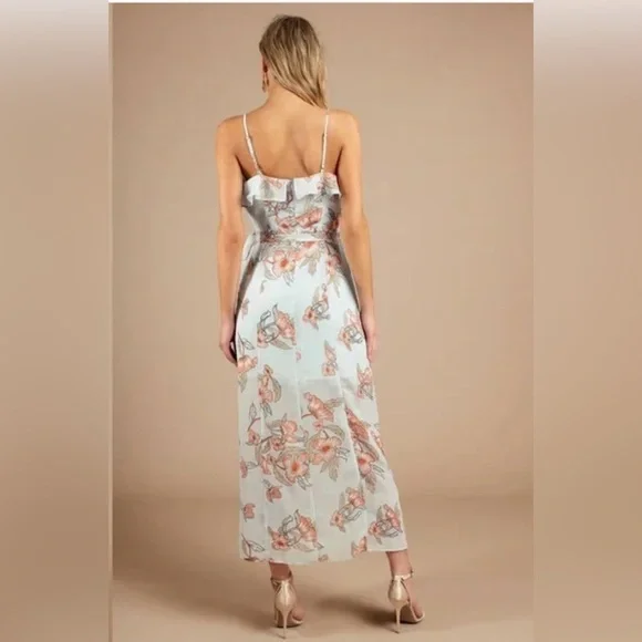 J.O.A. Floral Print Ruffle V Neck Midi/Maxi Dress, Blue Orange, NWOT, Size L - Picture 2 of 6